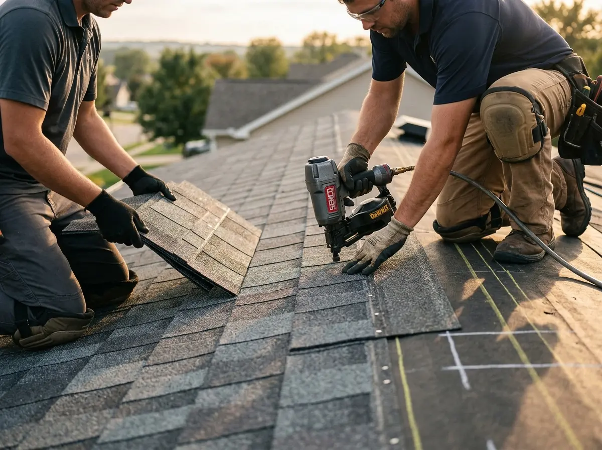 Professional roofer working on a residential roof in Exeter